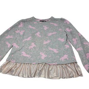 Lands' End Sweatshirt Girls Size Large 14 Gray Pink Unicorns Print Ruffled Hem